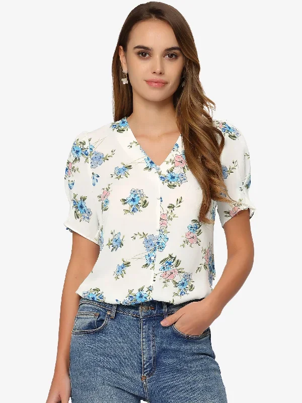 Floral Blouse V Neck Puff Short Sleeve Peasant Shirt Top