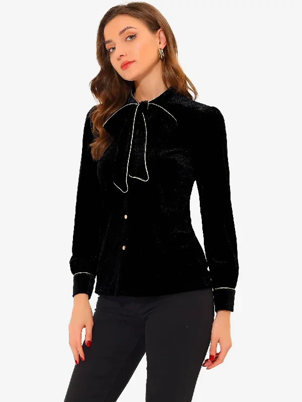 Bow Tie Blouse Contrast Color Piped Velvet Top