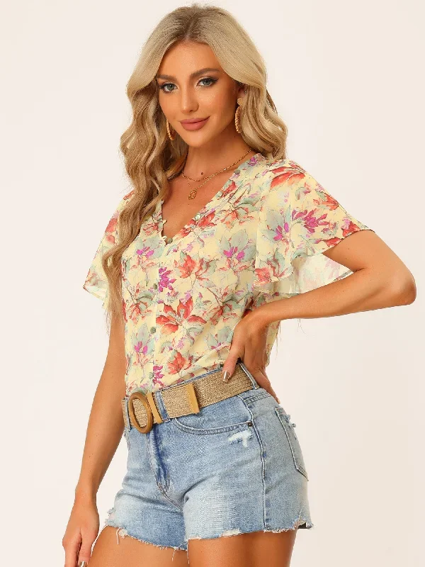 Casual Boho Floral Ruffle Sleeve Button Front Chiffon Blouse Top