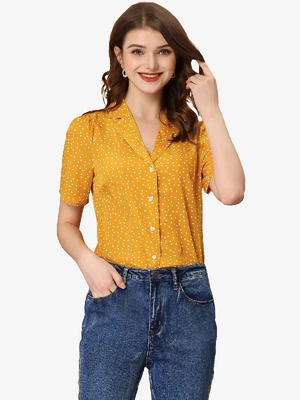 Women's Polka Dots V Neck Short Sleeve Button Down Vintage Blouse