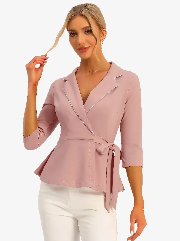 Notch Lapel Collar Tie Waist Wrap Peplum Blouse