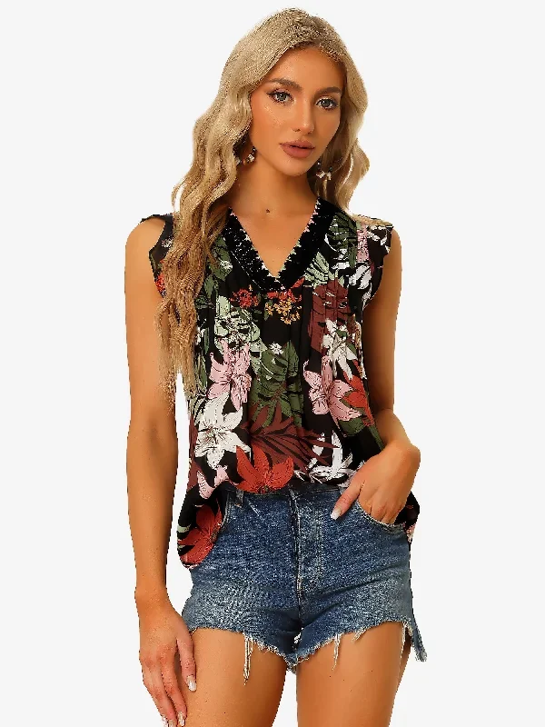 V Neck Lace Crochet Pleated Casual Hawaiian Floral Top