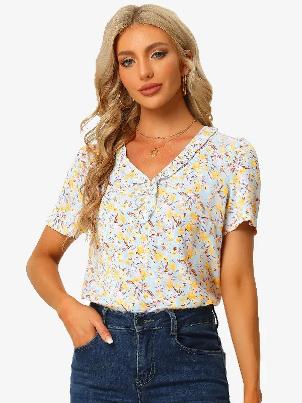 Summer Floral Short Sleeve V Neck Ruffle Trim Peasant Blouse