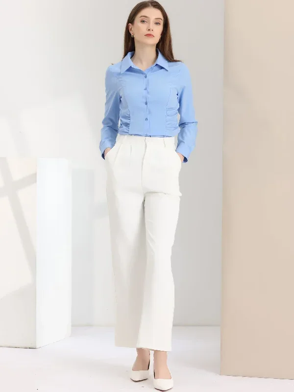 Long Sleeve Office Shirt Button Down Work Ruched Waist Tops