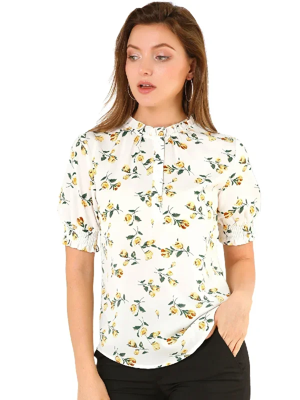 Ruffled Neck Half Placket Short Sleeve Floral Print Blouse