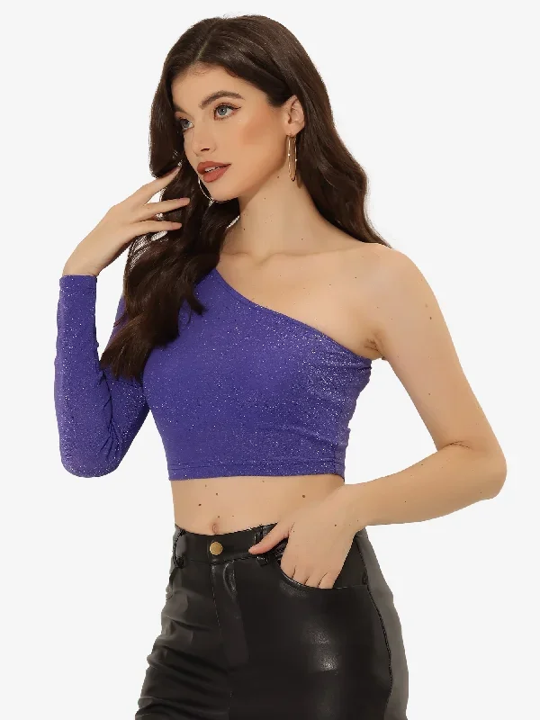 Glitter Crop Top Metallic Club Slim Fitted One Shoulder T-Shirt