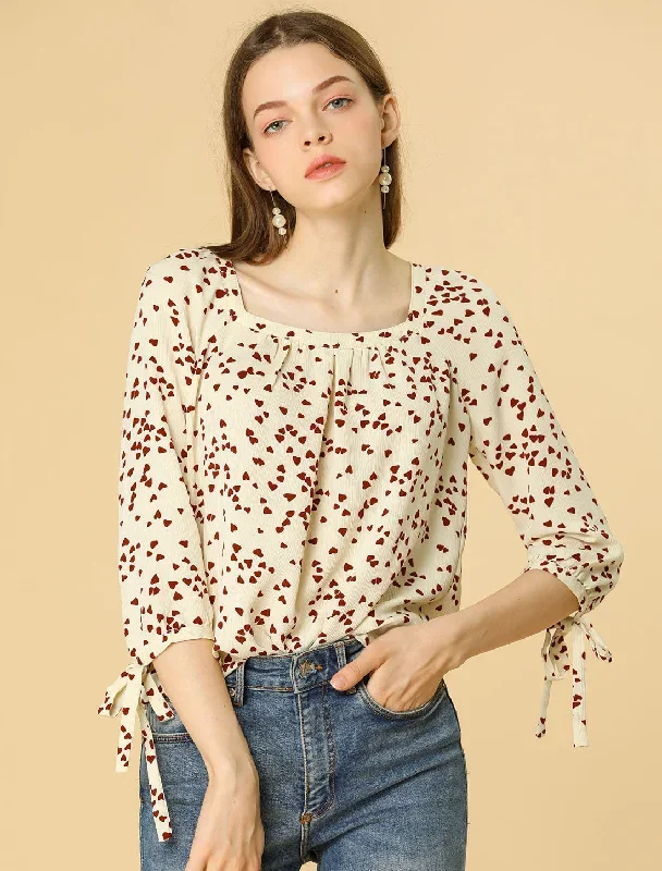 Valentine's Day Tie Cuffs 3/4 Sleeve Square Neck Floral Blouse