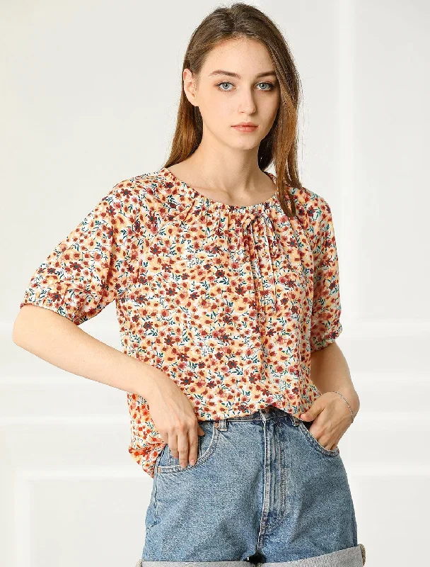 Floral Print Round Neck Peasant Casual Puff Short Sleeve Blouse