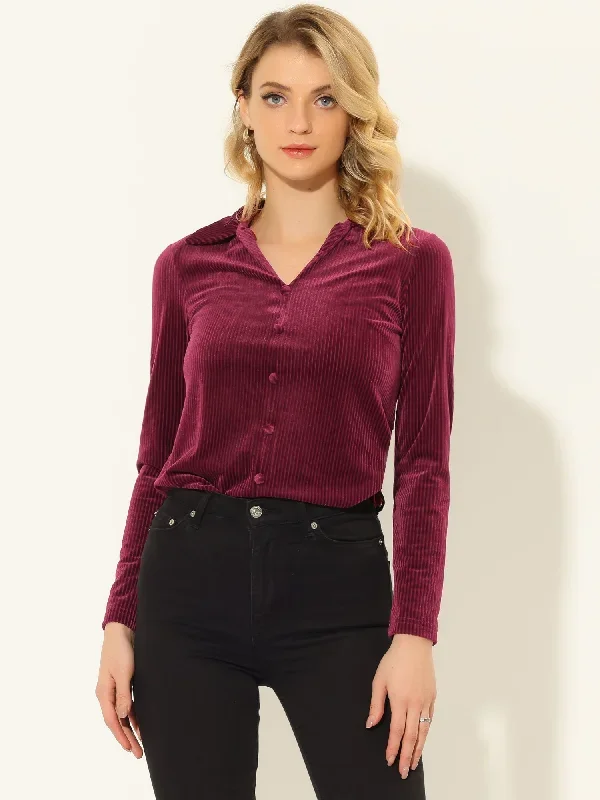 Velvet V Neck Long Sleeve Ribbed Solid Color Velour Blouse