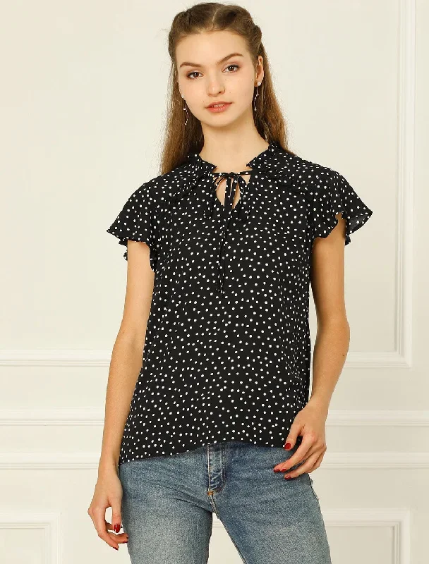 Ruffle Tie Neck Tops Polka Dots Flutter Sleeve Blouse