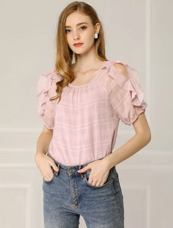 Ruffled Blouse Boat Neck Chiffon Out Shoulder Short Sleeve Tops