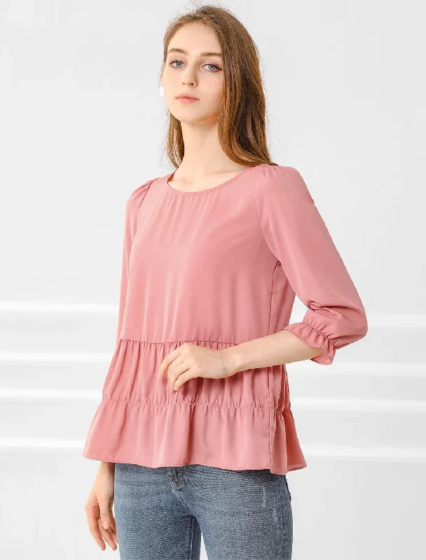 Chiffon Puff 3/4 Sleeve Loose Layered Ruffle Hem Babydoll Blouse Top