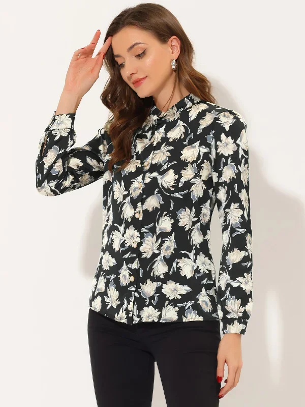 Floral Chiffon Blouse Stand Collar Long Sleeve Button Down Shirt