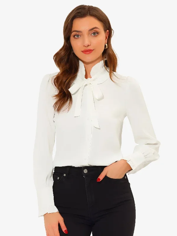 Ruffle Blouse Button Down Long Sleeve Bow Tie Neck Top