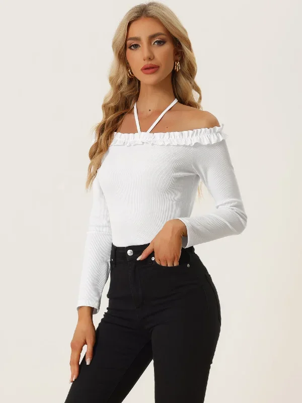 Tie Halter Off Shoulder Ruffle Lettuce Trim Long Sleeve Blouse