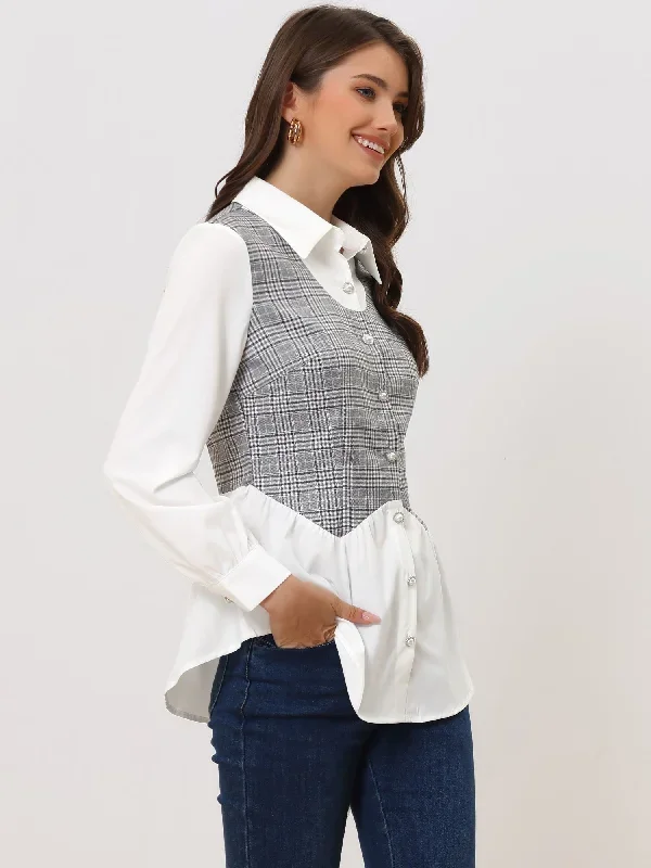 Elegant Plaid Contrast Panel Long Sleeve Peplum Blouse