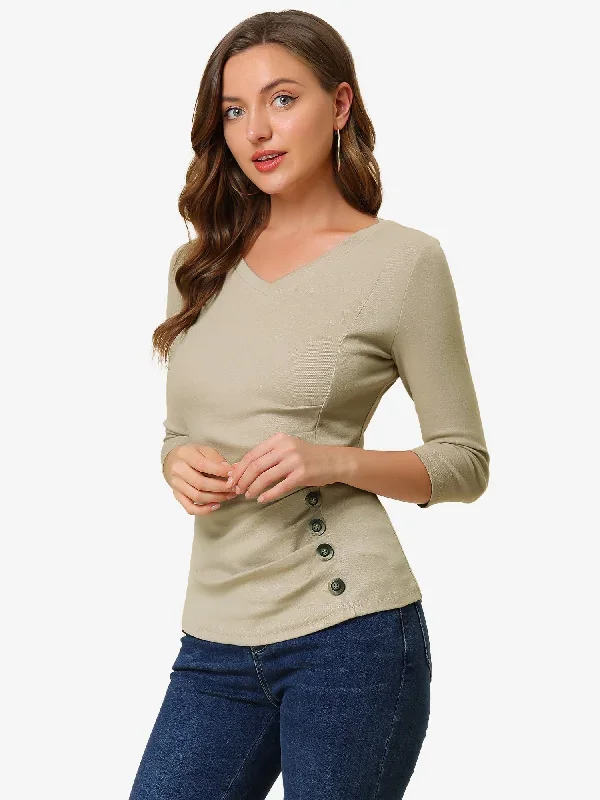 3/4 Sleeve Solid Knitted Button Decor Ruched Blouse