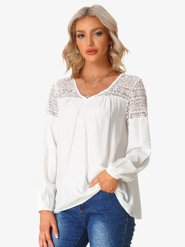 Boho Lace Panel Sheer V Neck Long Sleeve Blouse