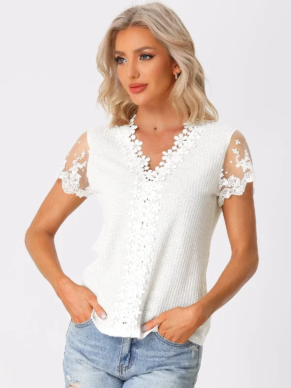 Crochet Lace V Neck Solid Color Short Sleeve Casual Tops