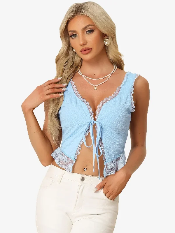 Tie Front Sleeveless Shrug V Neck Lace Trim Cami Crop Top