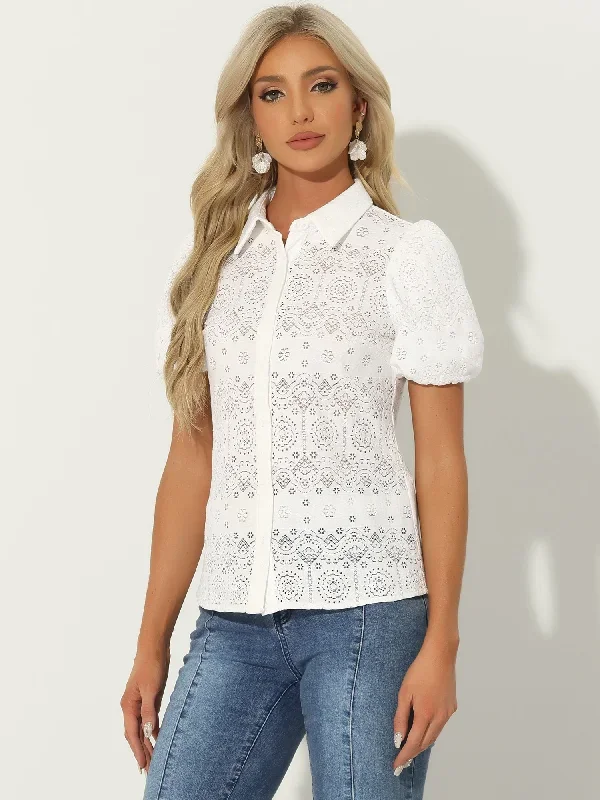 Lace Boho Puff Sleeve Button Down Eyelet Blouse