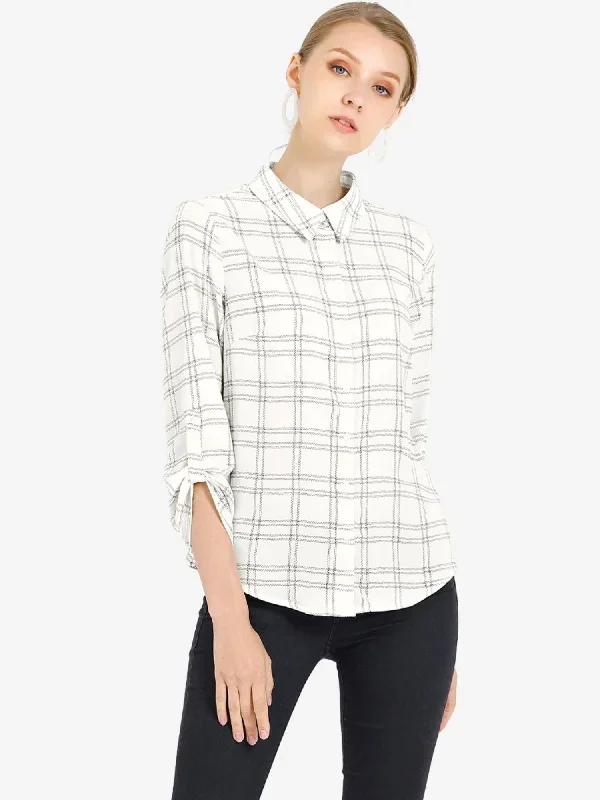 Roll Up Sleeve Collared Button Up Plaid Office Shirt