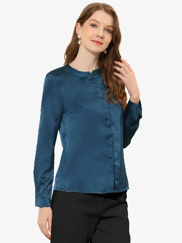 Satin Round Neck Long Sleeve Solid Button Down Office Blouse