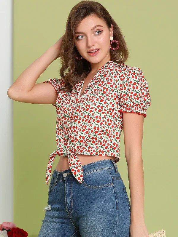 Peasant Floral Button-Down Shirt Tie Front Knot Puff Sleeve Crop Top