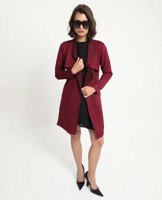 Rareism Women'S Palmer 1 Maroon Polyester Fabric Full Sleeves Cut Away Collar Relaxed Fit Plain Knee Length Jacket