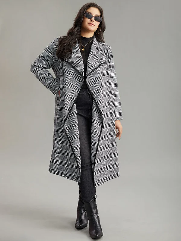 Plaid Asymmetrical Neck Open Front Coat