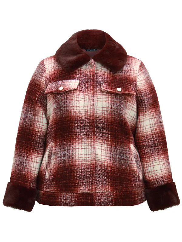 plaid-patchwork-button-through-fuzzy-trim-woolen-jacket