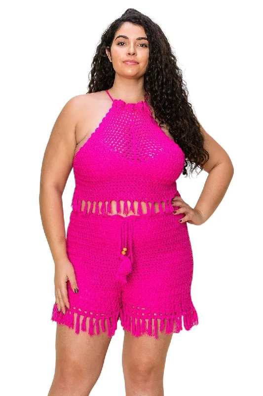 Plus Size Baila Crochet 2pc  Matching Set - Hot Pink