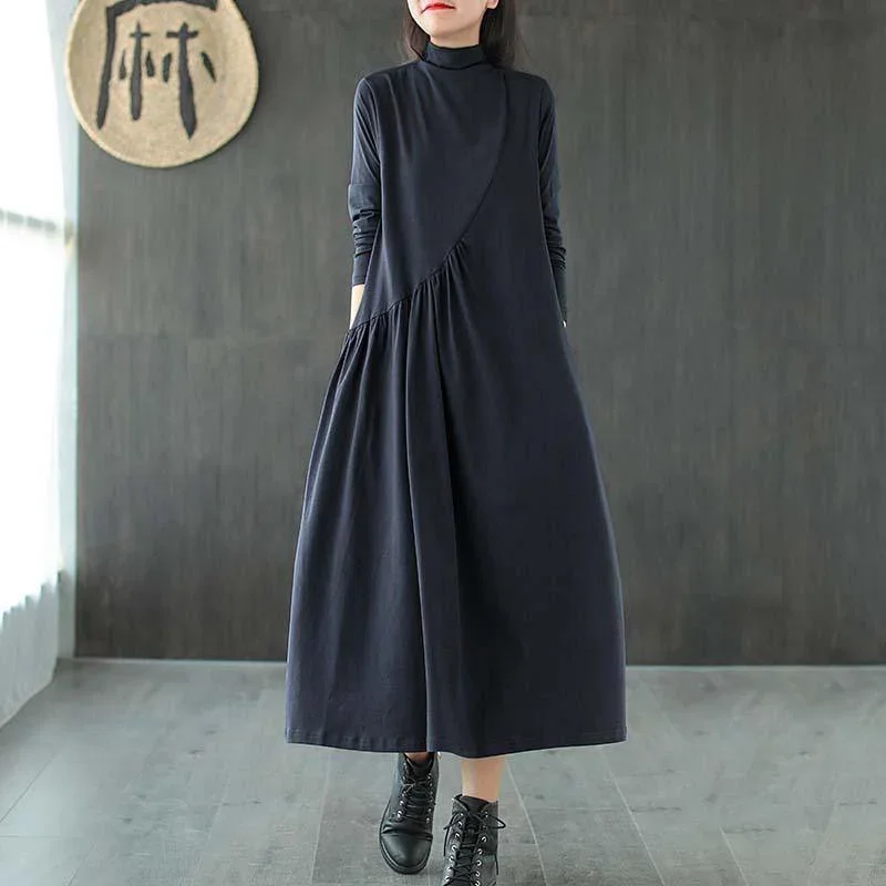 Plus Size Solid Draped High Neck Casual Dress