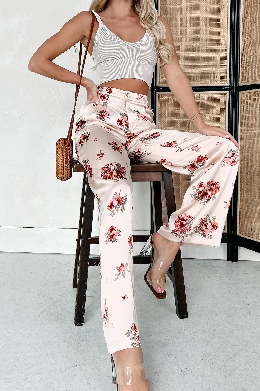 Positively Charming High Waisted Satin Floral Pants (Cream)