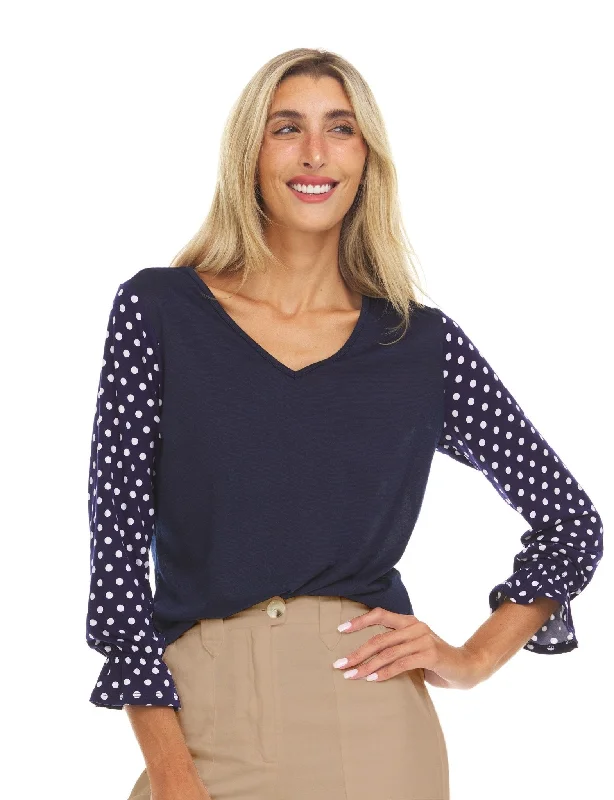 Printed Polka Dot Sleeve V-neck Top