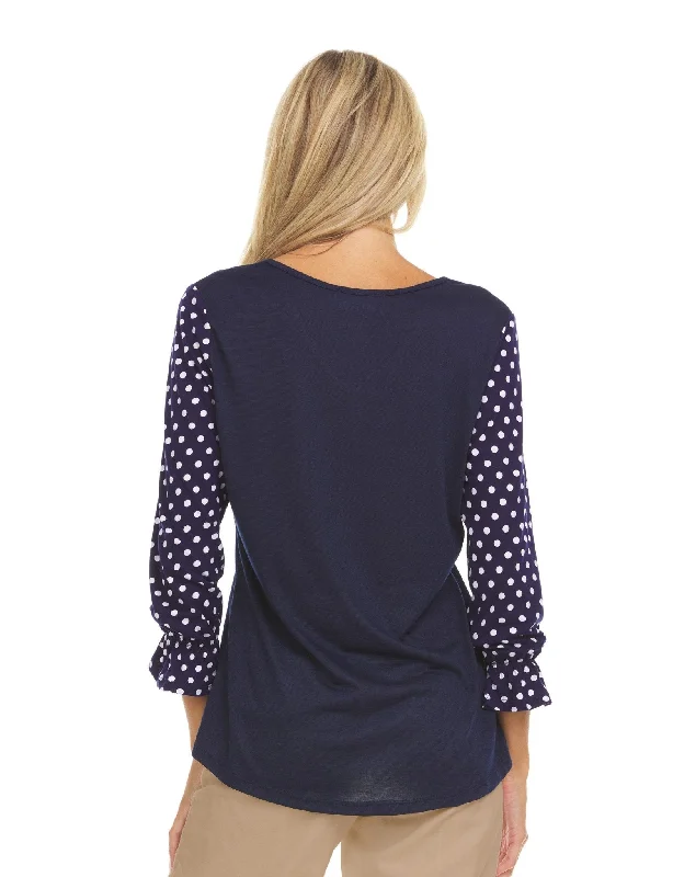 printed-polka-dot-sleeve-v-neck-top