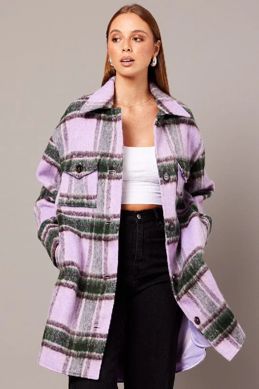 Purple Check Coat Long Sleeve Collared Check Faux Wool