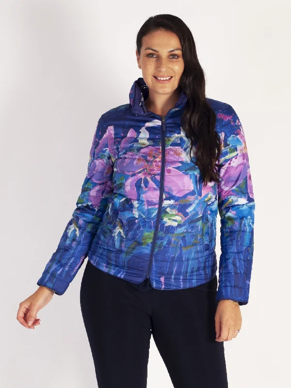 Purple Lined Hibiscus Print Short Reversible Diamante Trim Quilted Jacket