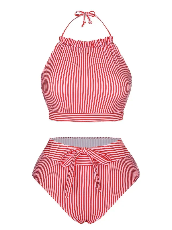 Red & White 1930s Striped Knot Halter Swimsuit