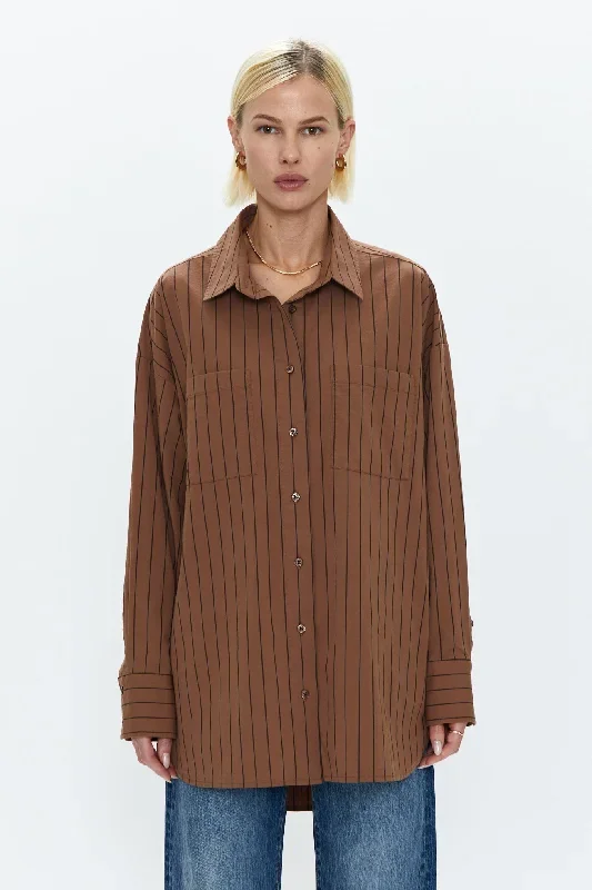 Rena Button Down Tunic Shirt - Chestnut Noir Stripe