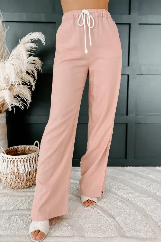 Sailing The Coast Linen Drawstring Waist Pants (Pink Stone)