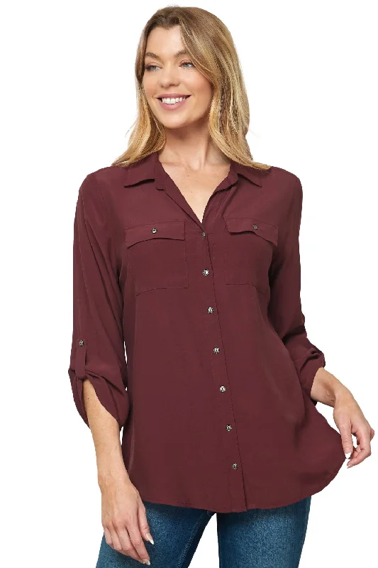 Sara Michelle 3/4 Sleeve Patch Pockets Button Front Johnny Collar Top