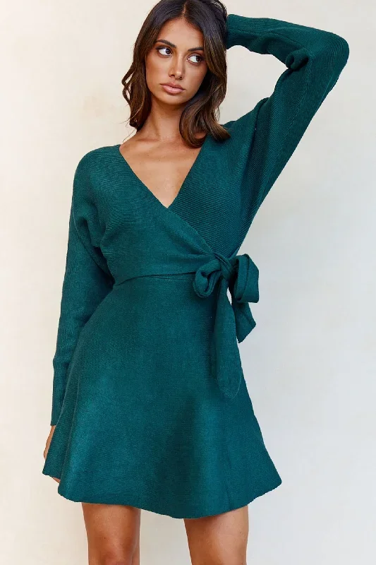 shooting-star-long-sleeve-side-tie-knit-dress-forest-green