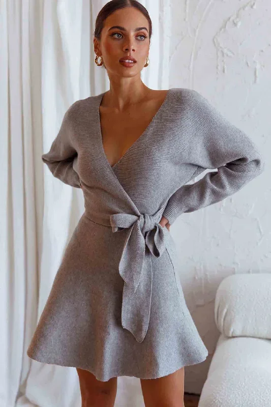 Shooting Star Long Sleeve Side Tie Knit Dress Grey