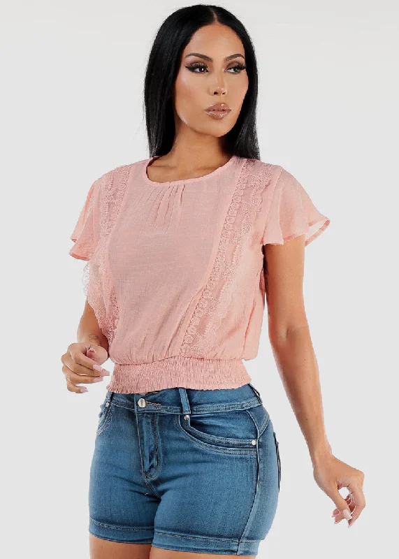 Short Sleeve Lace Trim Smocked Waist Top Light Pink