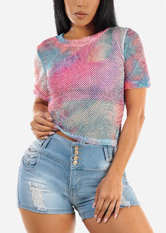 Short Sleeve Tie Dye Fishnet Top Pink & Blue