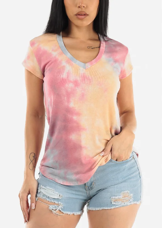 Short Sleeve Vneck Tie Dye Hacci Top