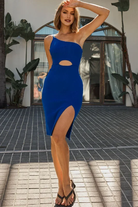 sicily-one-shoulder-thigh-split-knee-length-knit-dress-blue