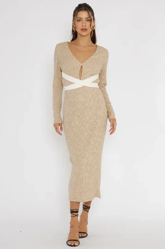 So Emotional Long Sleeve Cut-Out Knit Dress Oat