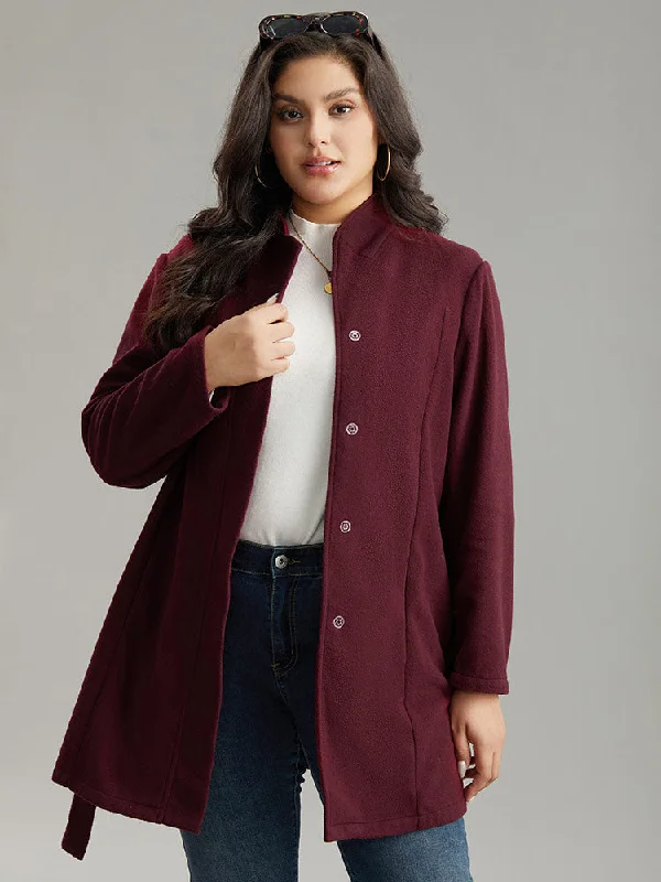 Solid Button Fly Stand Collar Belted Pocket Coat